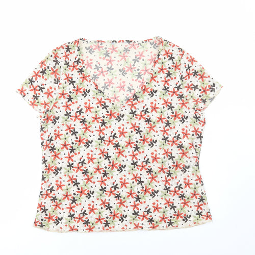 Preworn Womens Multicoloured Floral Polyester Basic T-Shirt Size M V-Neck