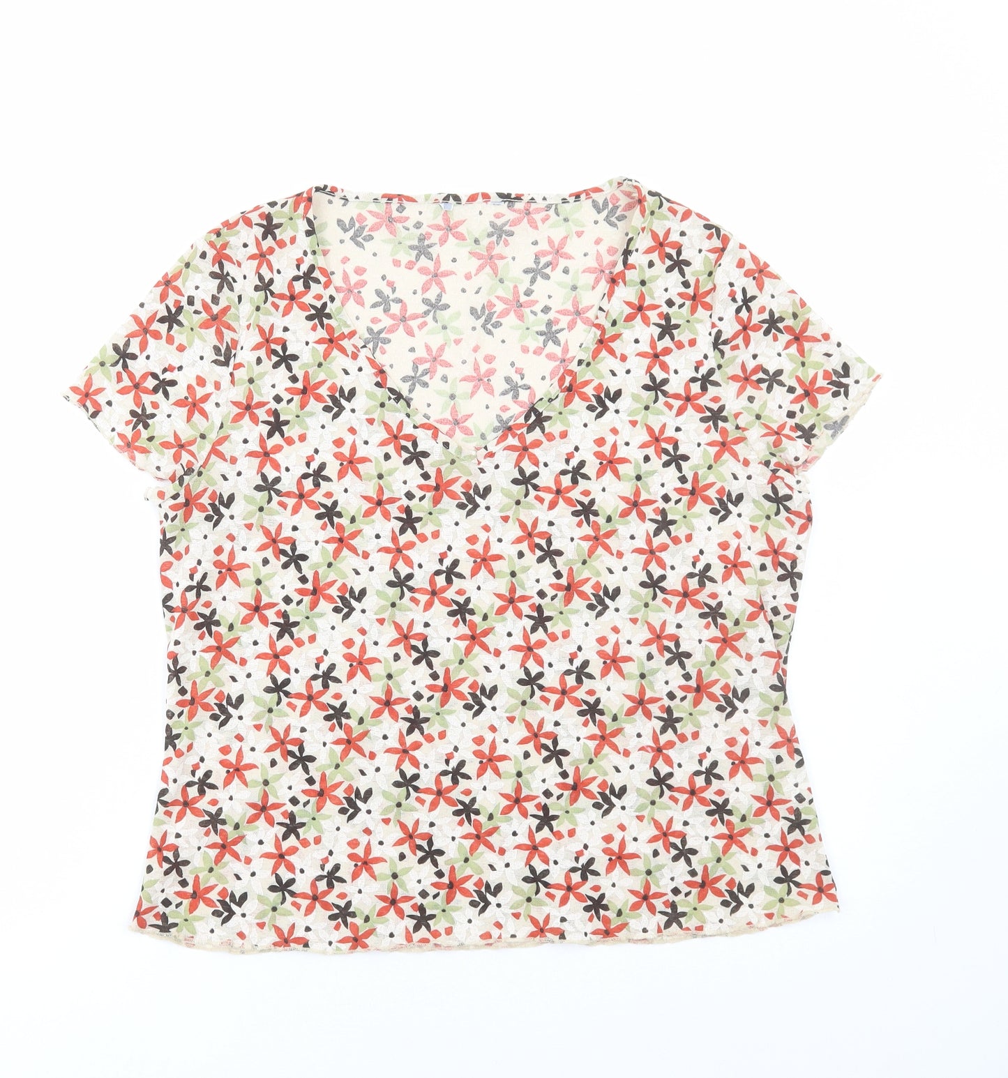 Preworn Womens Multicoloured Floral Polyester Basic T-Shirt Size M V-Neck