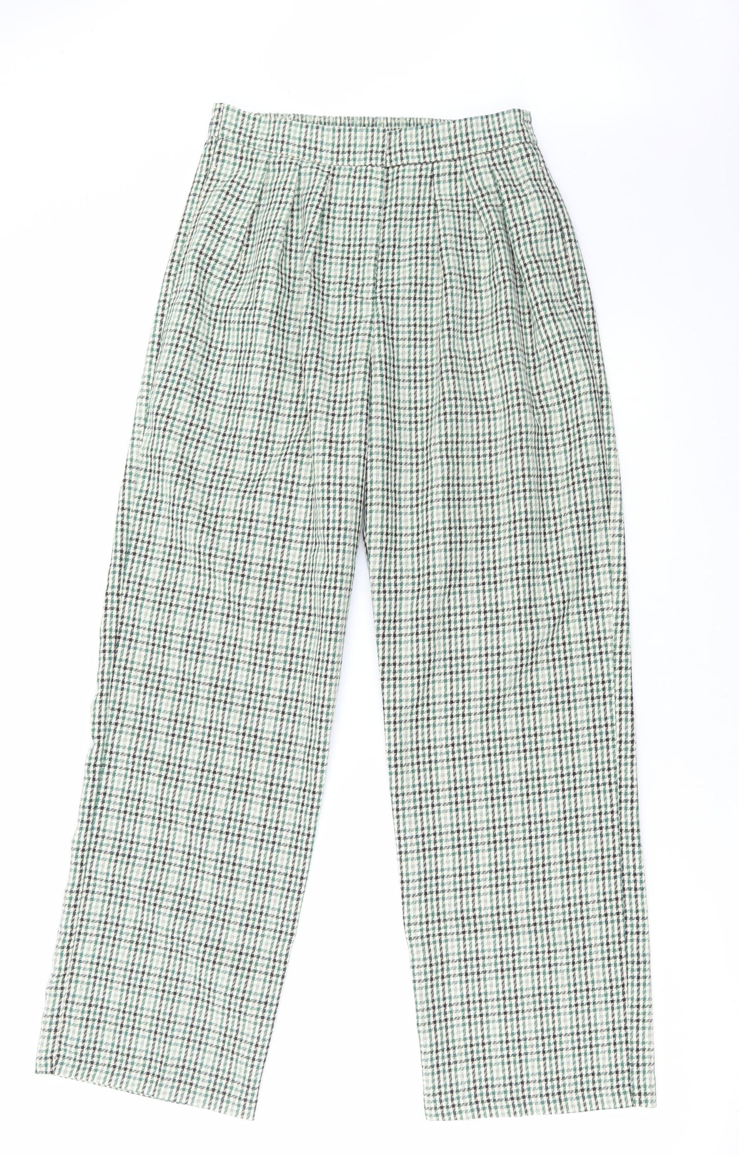 Primark Womens Green Check Polyester Trousers Size 10 L30 in Regular Hook & Eye