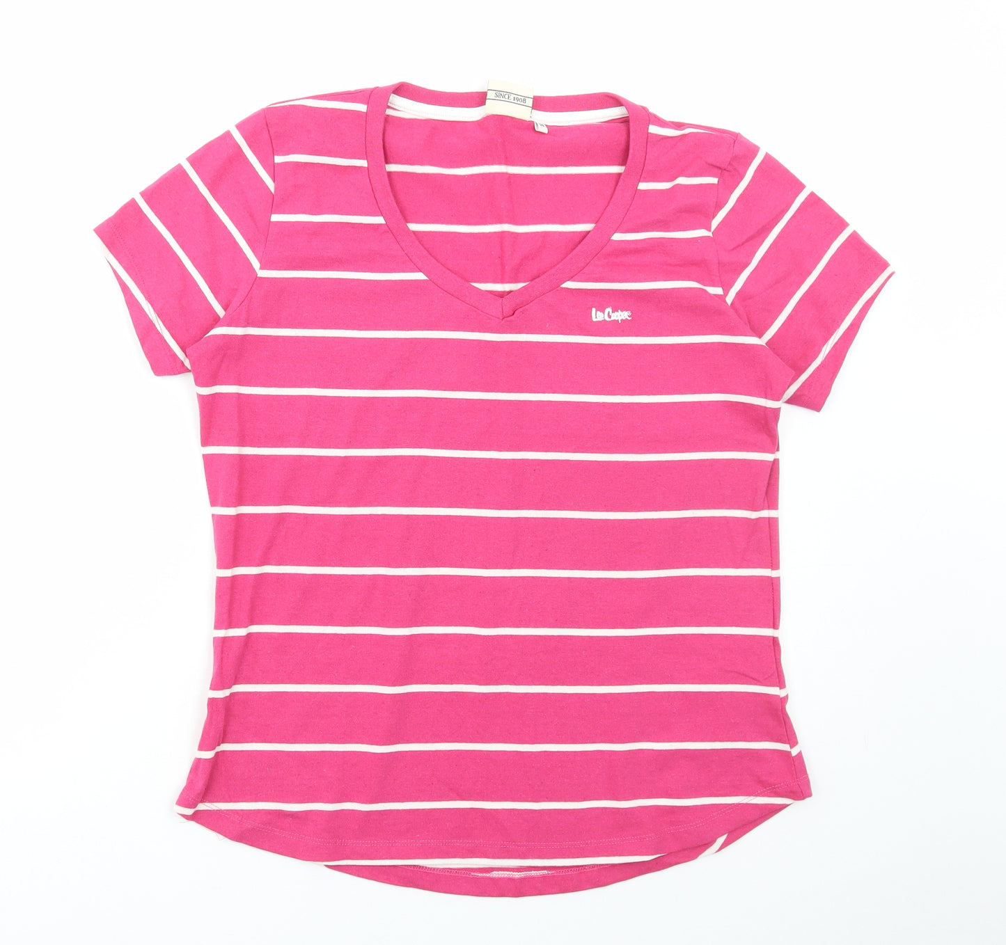 Lee Cooper Womens Pink Striped Cotton Basic T-Shirt Size 14 V-Neck