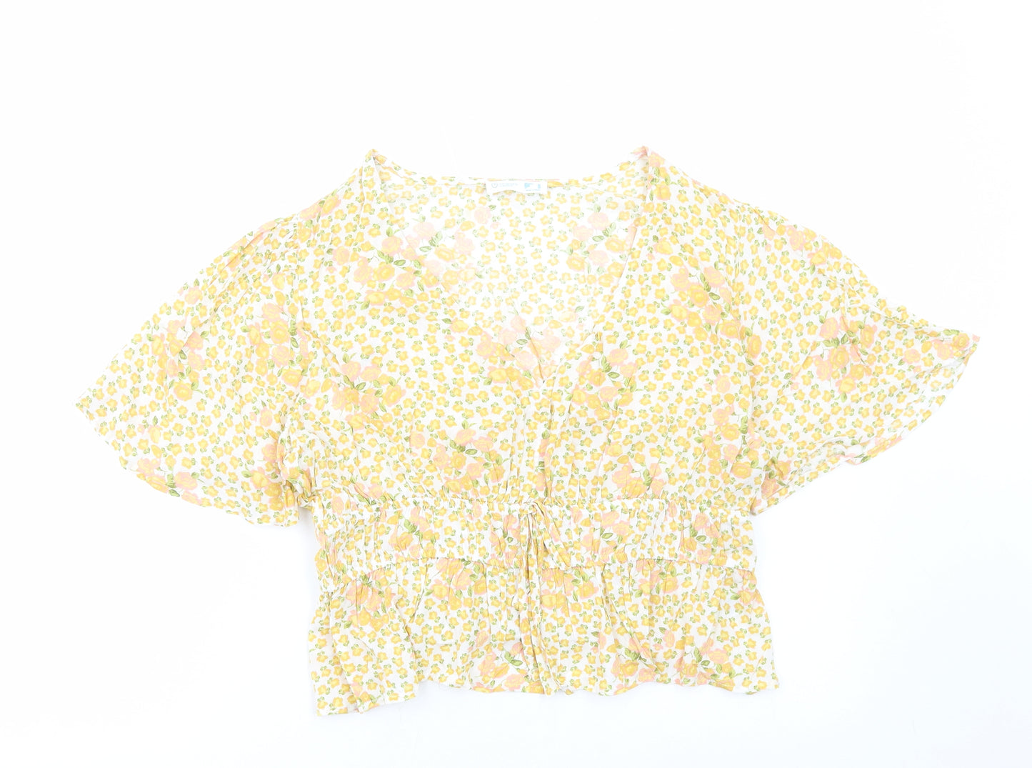 Primark Womens Yellow Floral Viscose Basic Blouse Size 18 V-Neck