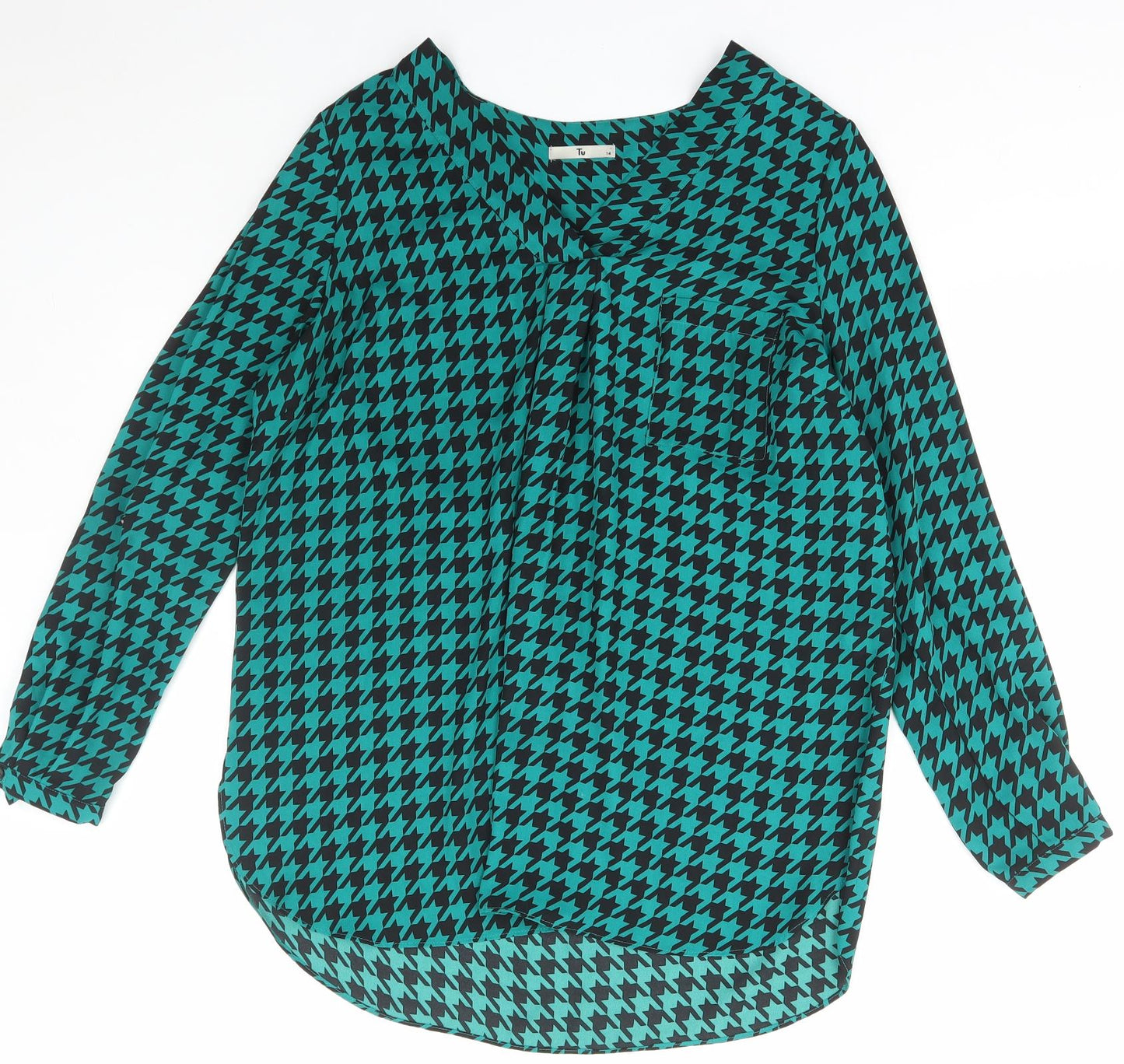 TU Womens Green Geometric Polyester Basic Blouse Size 14 V-Neck