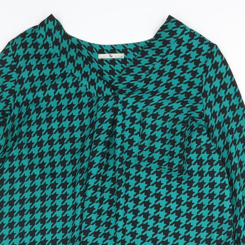 TU Womens Green Geometric Polyester Basic Blouse Size 14 V-Neck