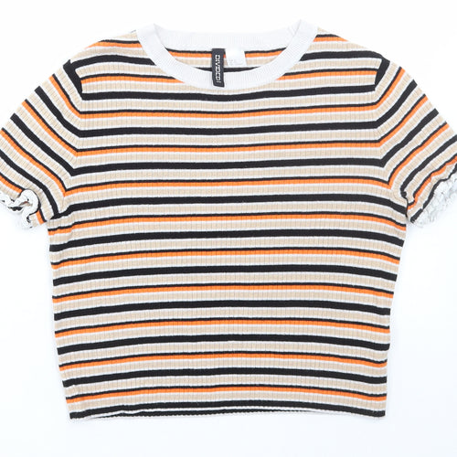 H&M Womens Multicoloured Striped Viscose Basic T-Shirt Size M Round Neck - Ribbed