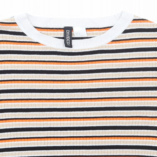 H&M Womens Multicoloured Striped Viscose Basic T-Shirt Size M Round Neck - Ribbed