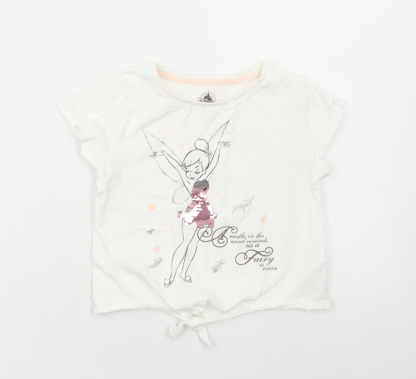Disney Girls White Cotton Basic T-Shirt Size 5-6 Years Round Neck Pullover - Tinkerbell