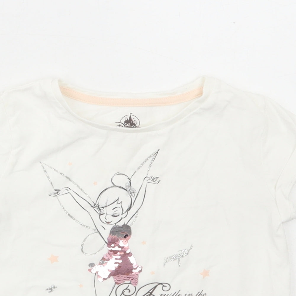 Disney Girls White Cotton Basic T-Shirt Size 5-6 Years Round Neck Pullover - Tinkerbell