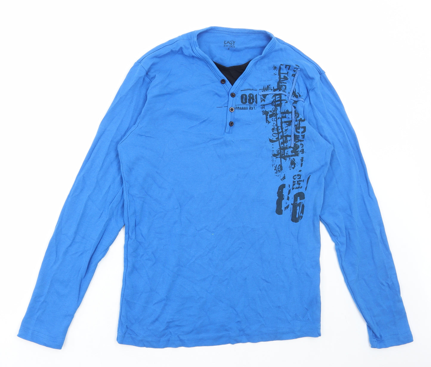 Easy Mens Blue Cotton T-Shirt Size S Henley