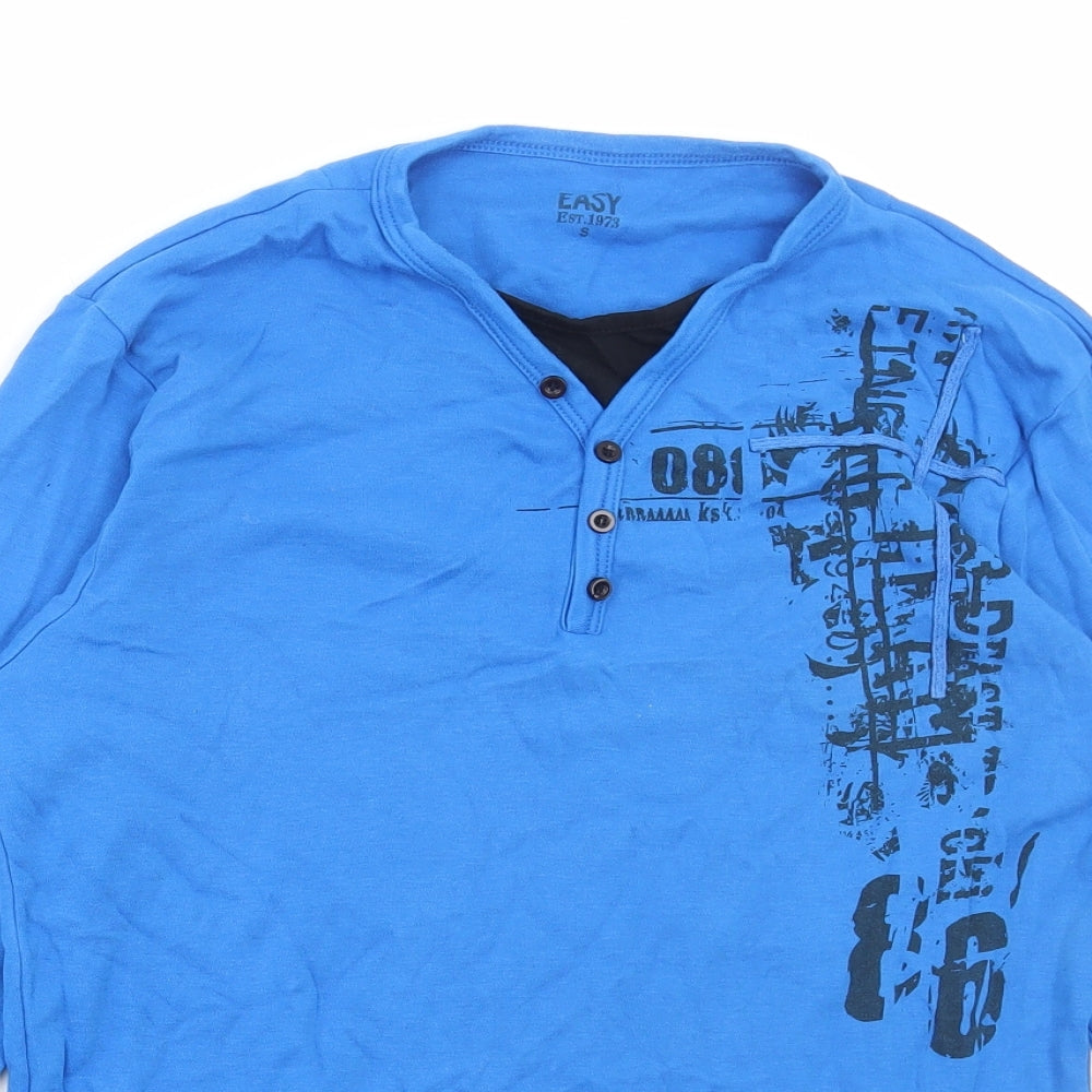 Easy Mens Blue Cotton T-Shirt Size S Henley