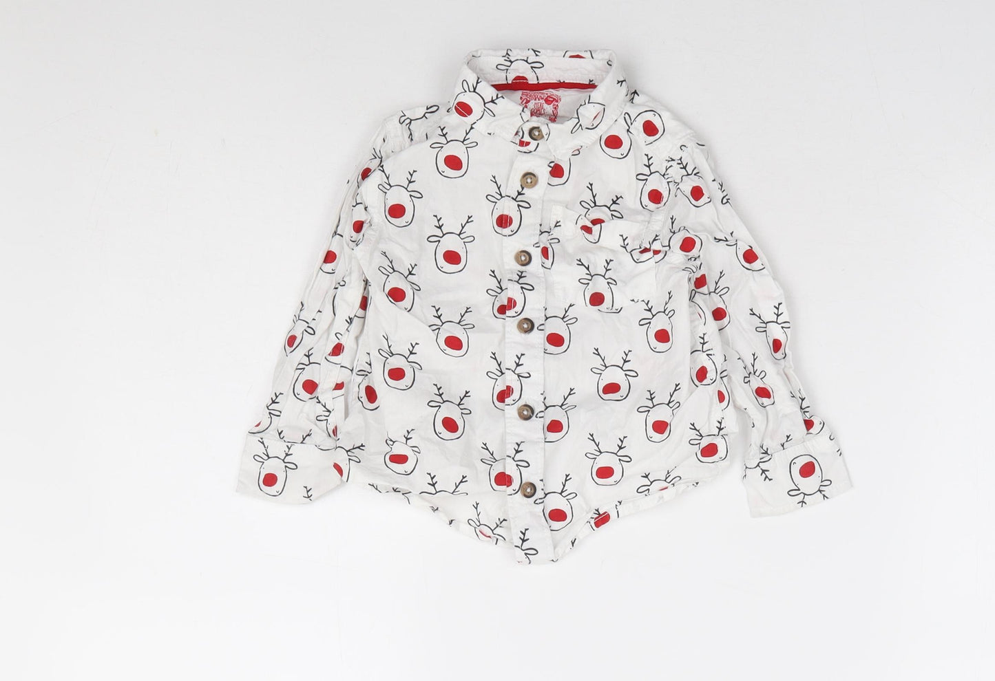 F&F Boys White Geometric 100% Cotton Basic Button-Up Size 12-18 Months Collared Button - Christmas Reindeer