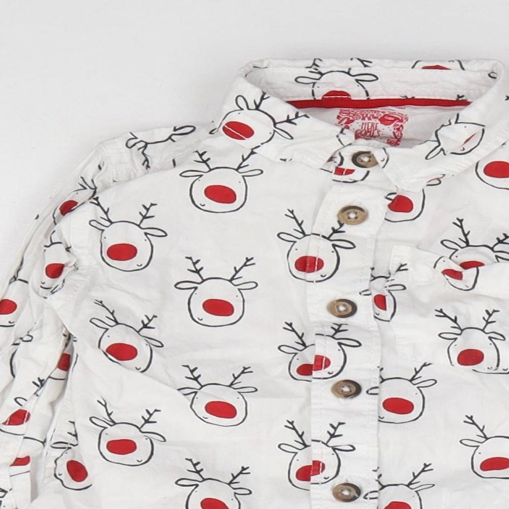 F&F Boys White Geometric 100% Cotton Basic Button-Up Size 12-18 Months Collared Button - Christmas Reindeer
