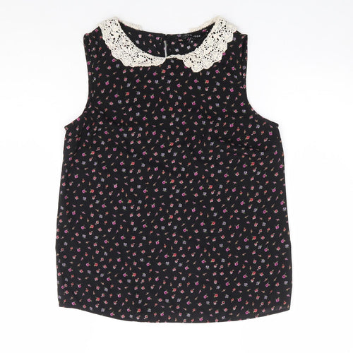 New Look Womens Black Floral Polyester Basic Blouse Size 8 Collared