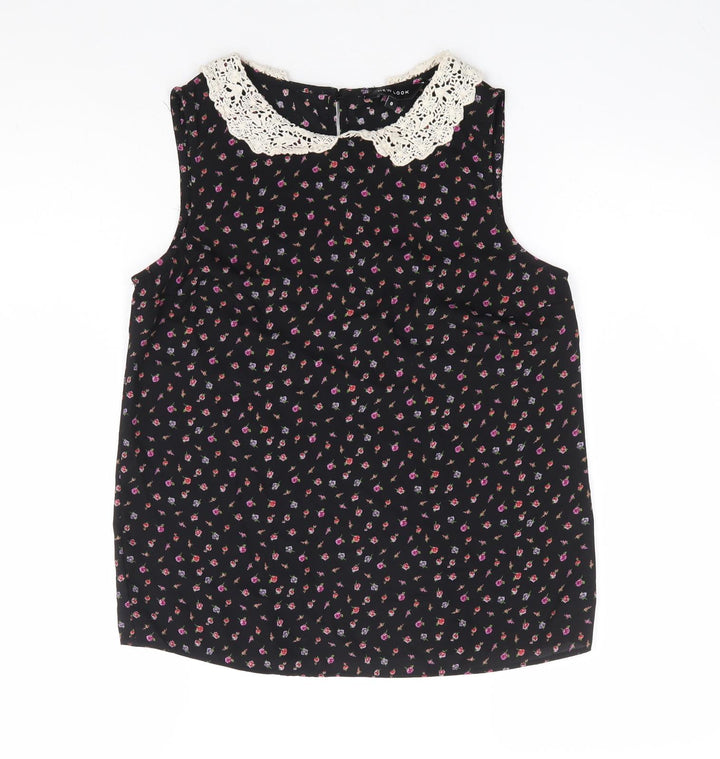 New Look Womens Black Floral Polyester Basic Blouse Size 8 Collared