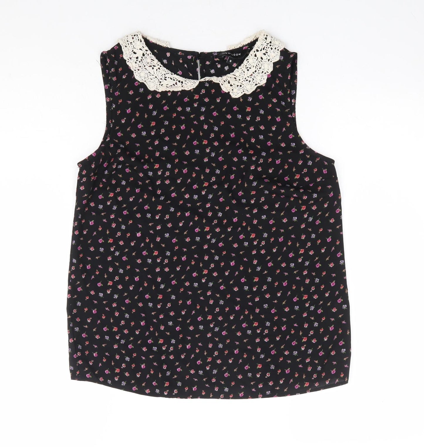 New Look Womens Black Floral Polyester Basic Blouse Size 8 Collared
