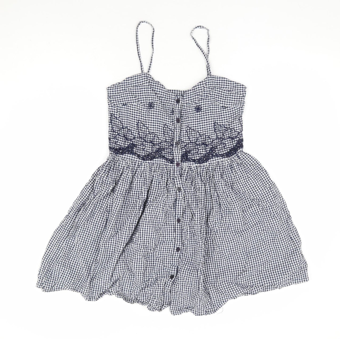 QED London Womens Blue Gingham 100% Cotton Fit & Flare Size 8 Sweetheart Button