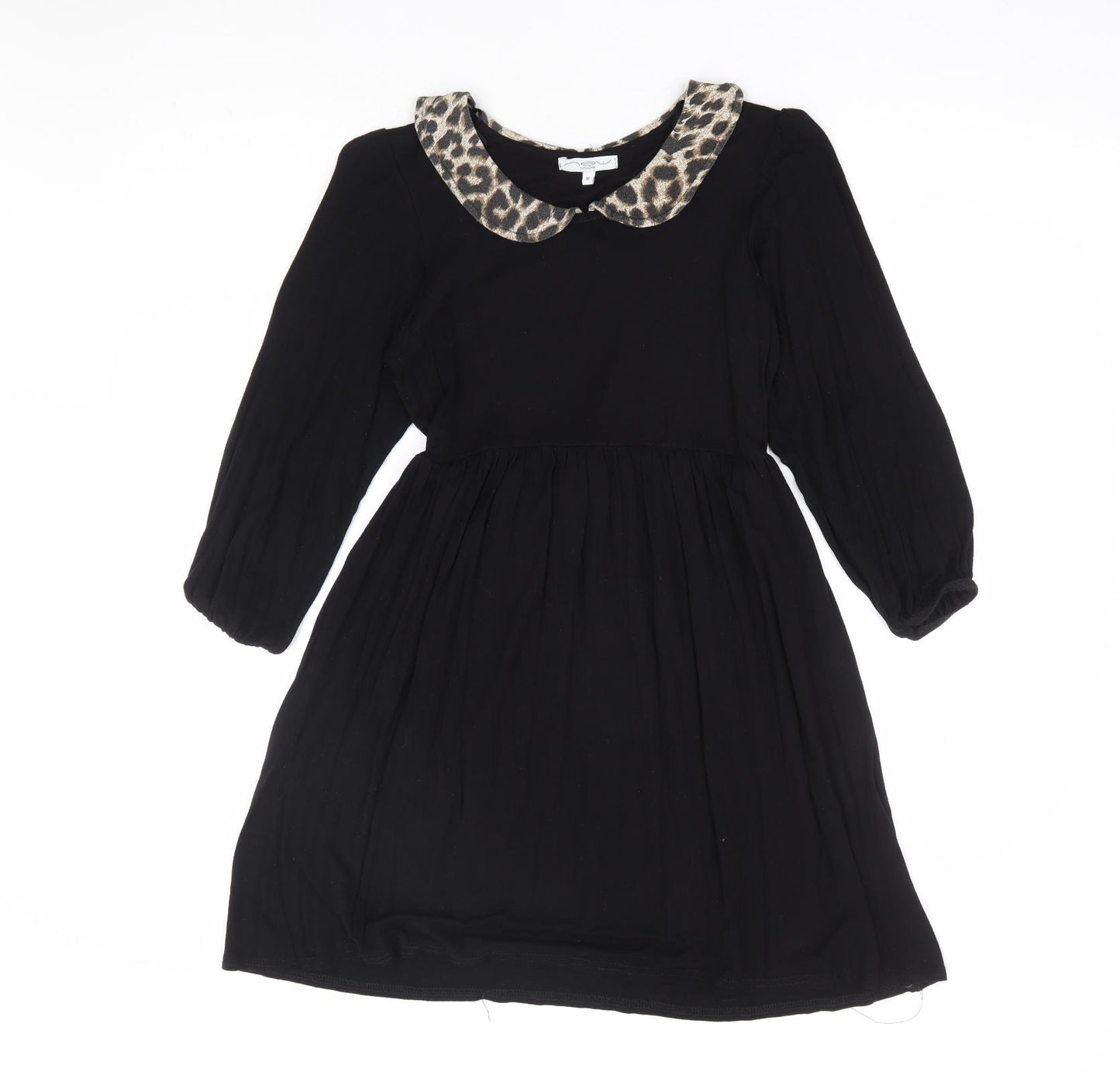 New Look Womens Black Animal Print Viscose Fit & Flare Size 10 Collared Pullover