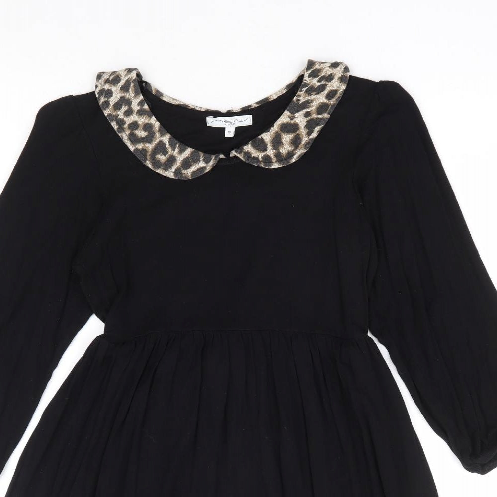 New Look Womens Black Animal Print Viscose Fit & Flare Size 10 Collared Pullover
