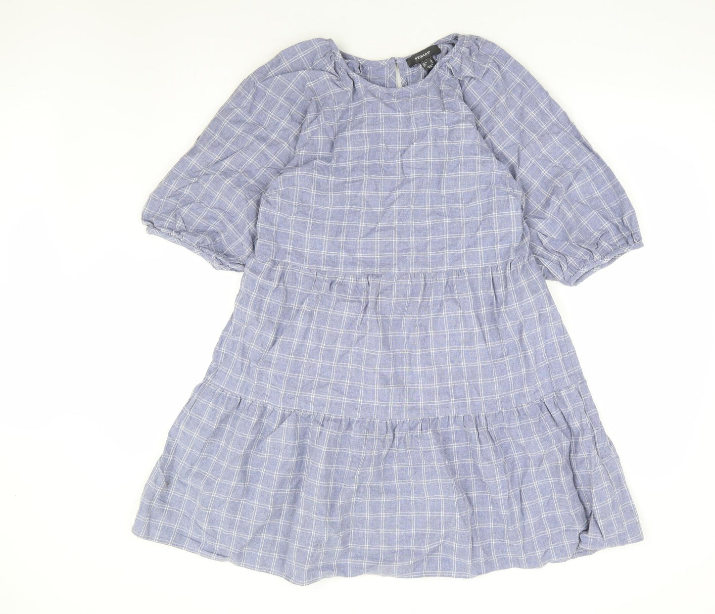 Primark Womens Blue Check 100% Cotton A-Line Size 12 Round Neck Button - Tiered
