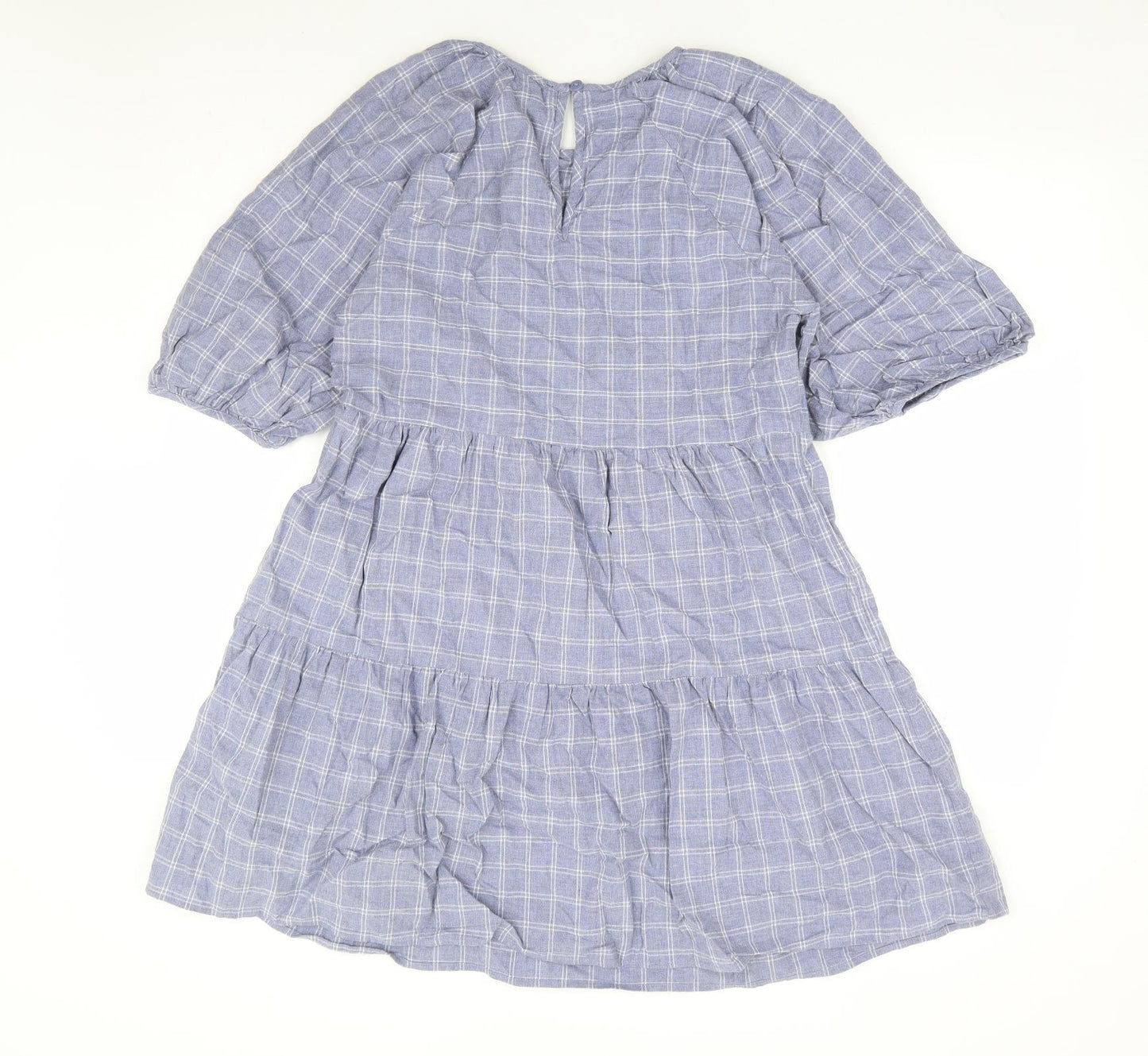 Primark Womens Blue Check 100% Cotton A-Line Size 12 Round Neck Button - Tiered