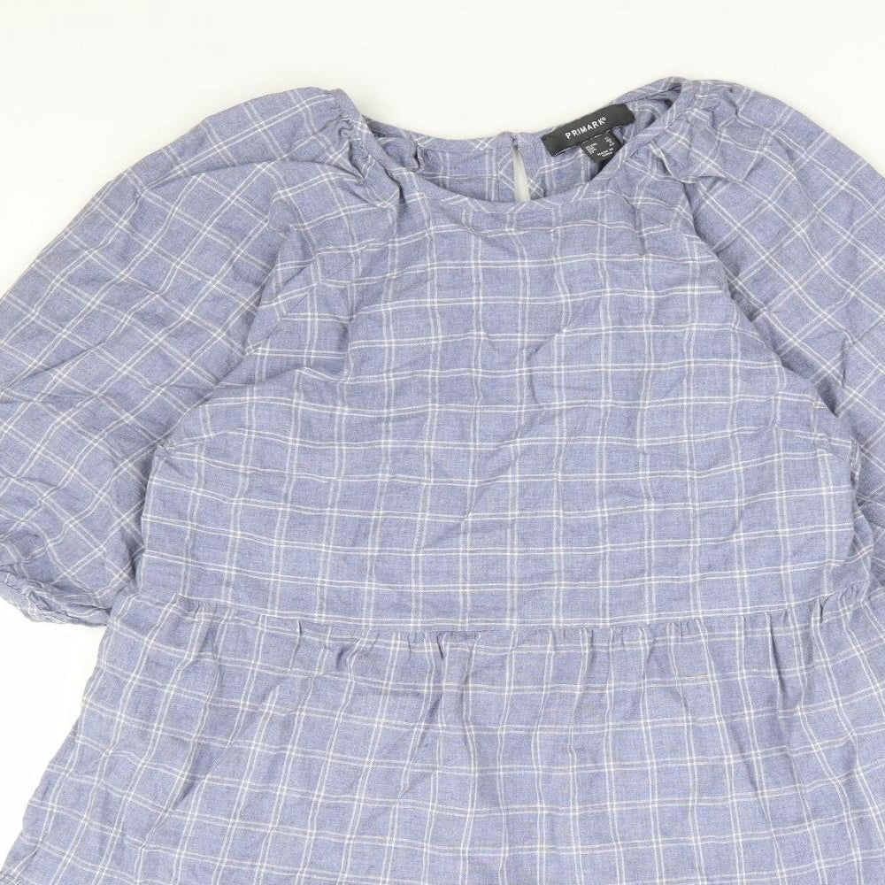 Primark Womens Blue Check 100% Cotton A-Line Size 12 Round Neck Button - Tiered
