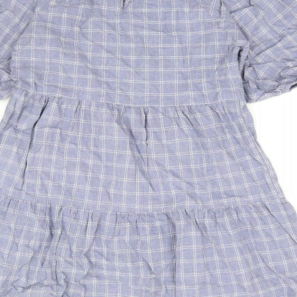 Primark Womens Blue Check 100% Cotton A-Line Size 12 Round Neck Button - Tiered