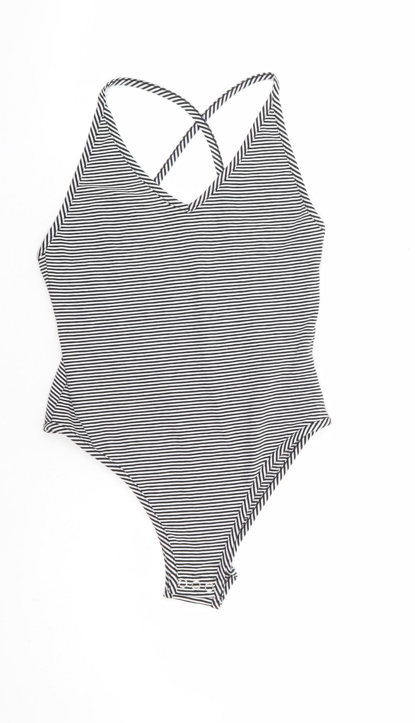 Topshop Womens Black Striped Cotton Bodysuit One-Piece Size 10 Snap - Cross Back Detail