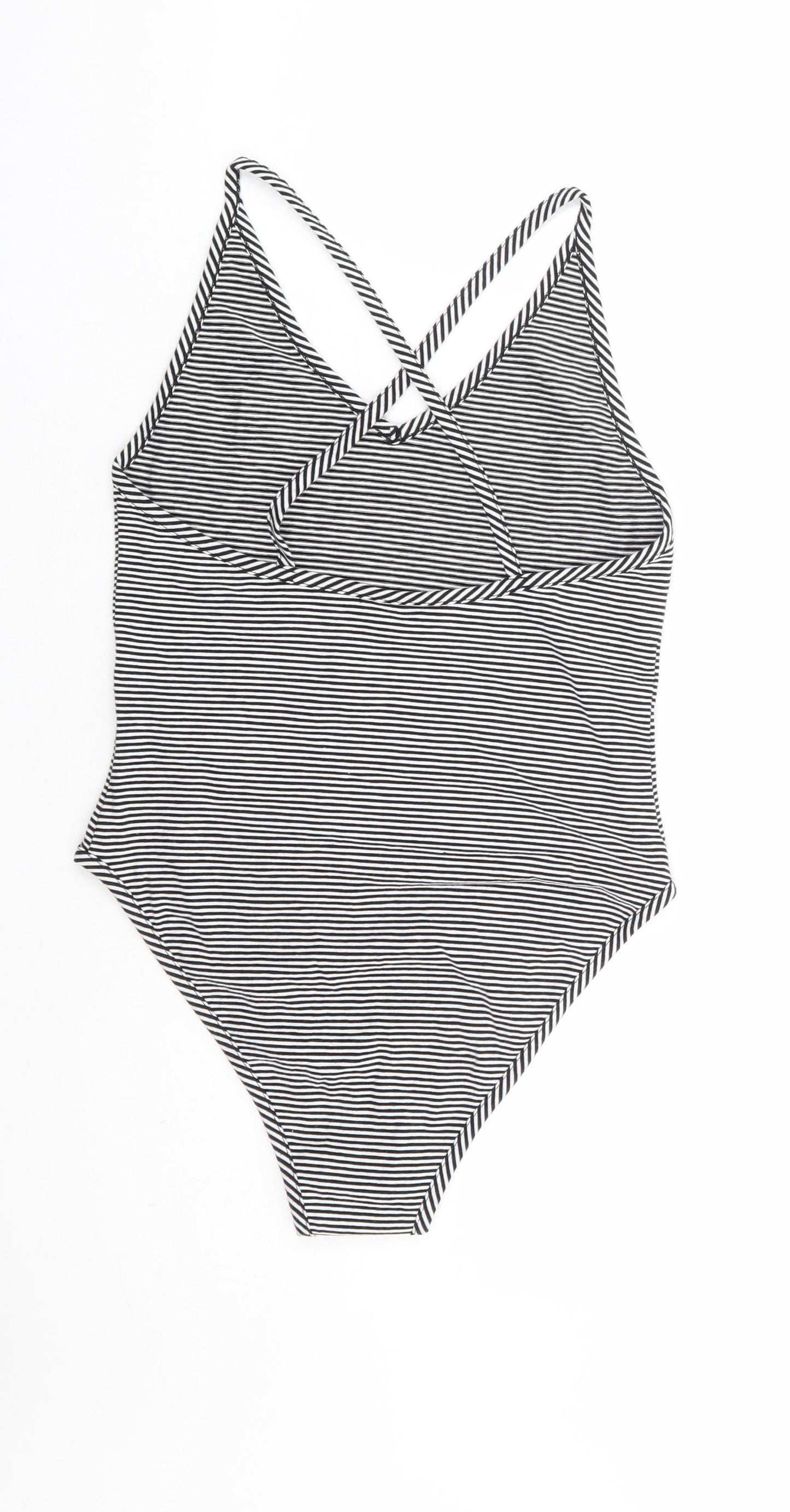 Topshop Womens Black Striped Cotton Bodysuit One-Piece Size 10 Snap - Cross Back Detail