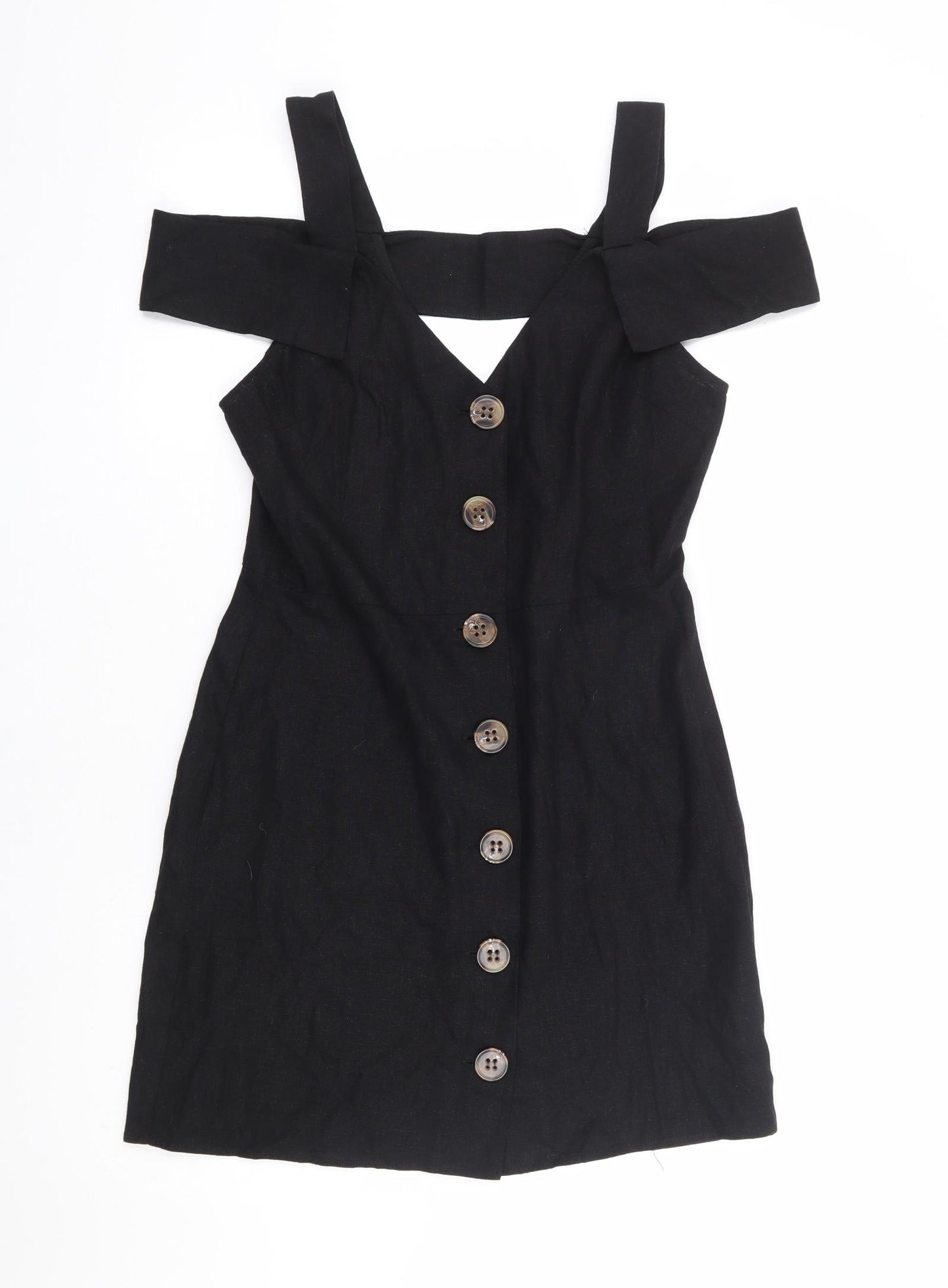 River Island Womens Black Linen A-Line Size 12 V-Neck Button - Cold Shoulder Detail