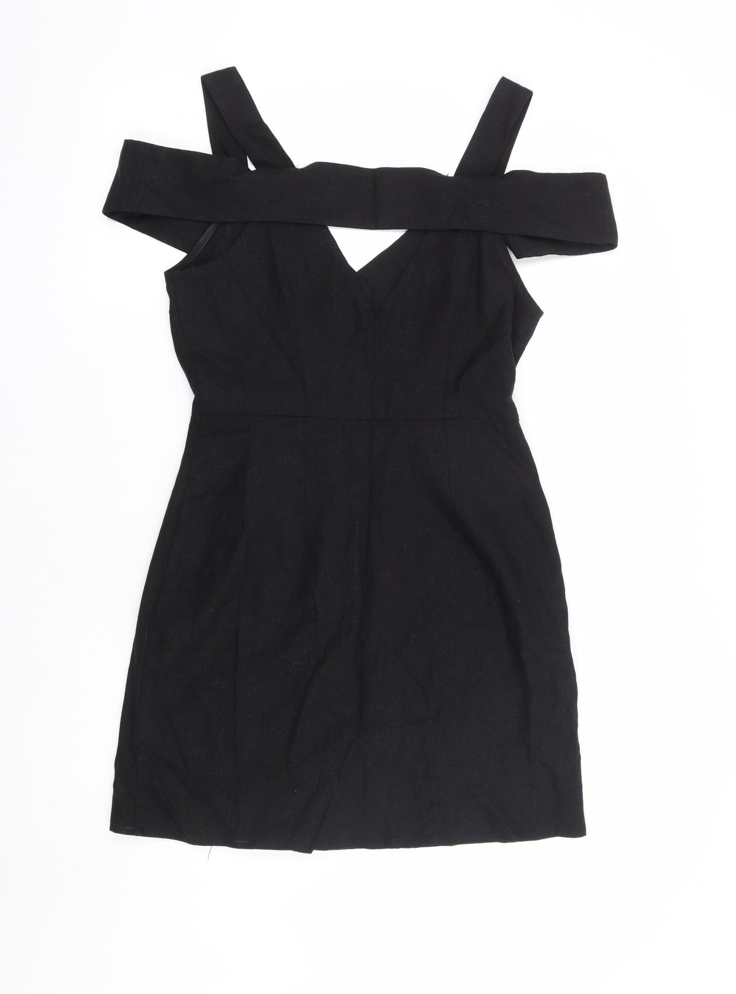 River Island Womens Black Linen A-Line Size 12 V-Neck Button - Cold Shoulder Detail