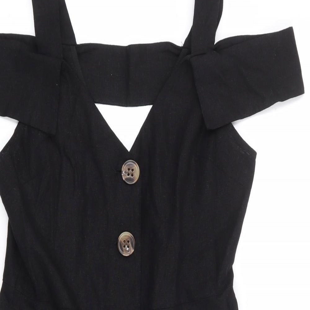 River Island Womens Black Linen A-Line Size 12 V-Neck Button - Cold Shoulder Detail