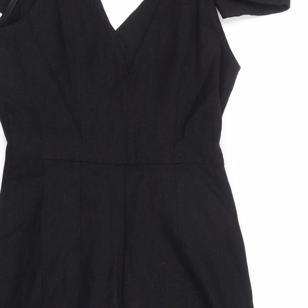 River Island Womens Black Linen A-Line Size 12 V-Neck Button - Cold Shoulder Detail