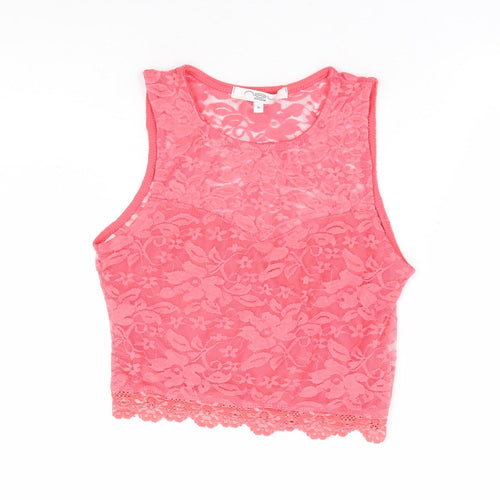 New Look Womens Pink Floral Polyamide Cropped Tank Size 8 Round Neck