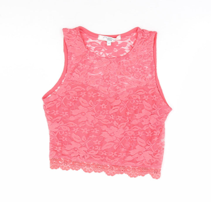 New Look Womens Pink Floral Polyamide Cropped Tank Size 8 Round Neck