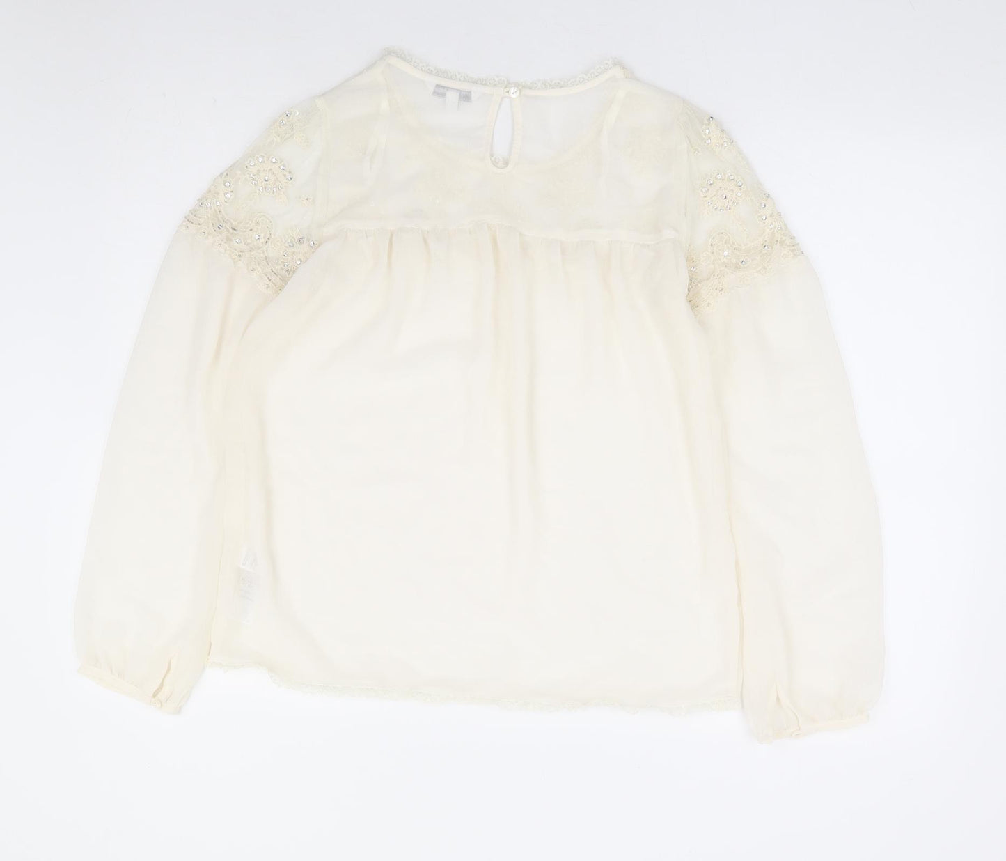 New Look Womens Ivory Polyester Basic Blouse Size 8 Round Neck - Lace Detaliing
