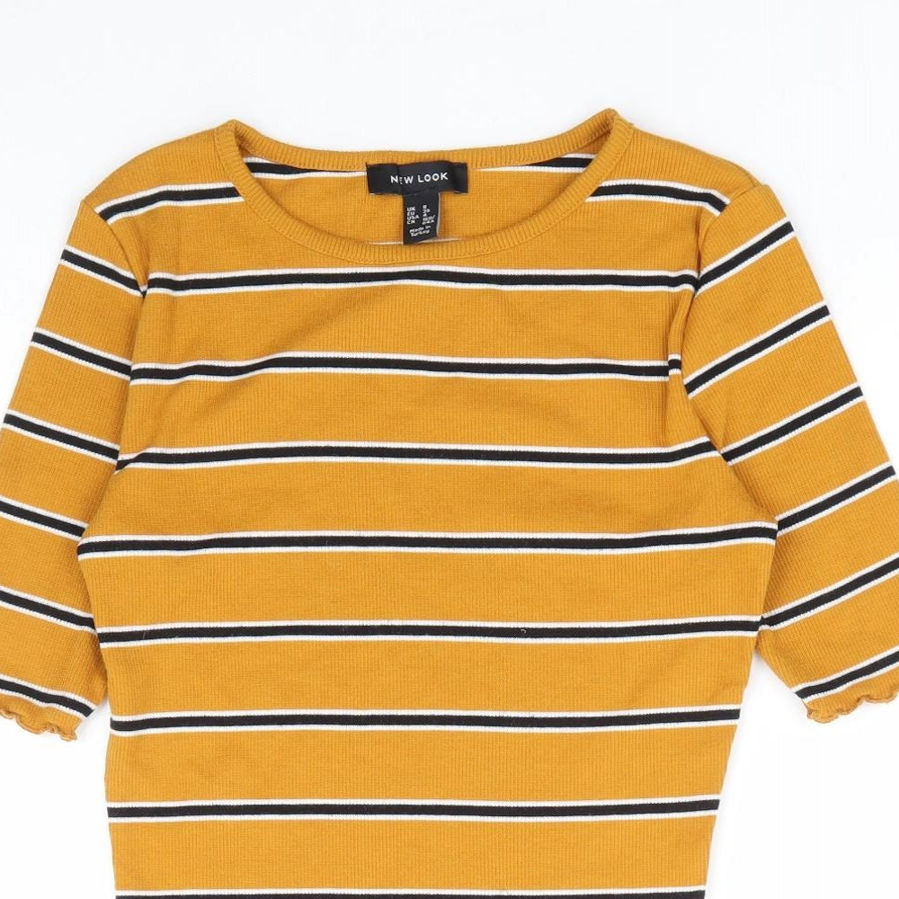 New Look Womens Yellow Striped Polyester Basic T-Shirt Size 8 Round Neck - Lettuce Ediging
