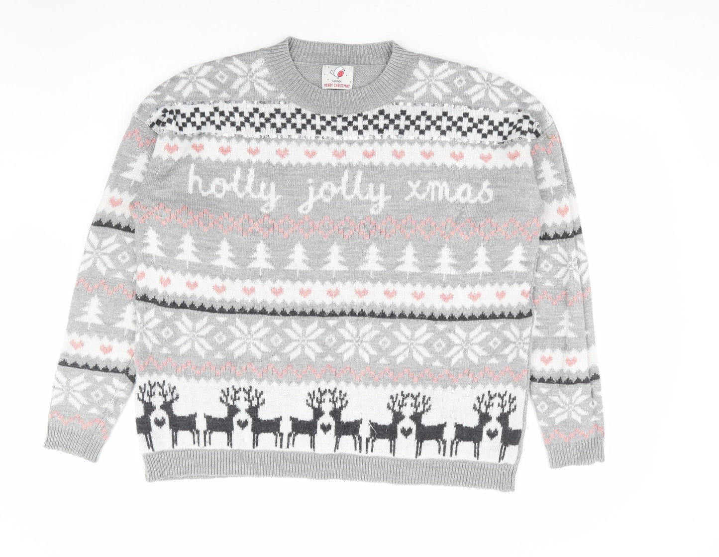 George Womens Grey Crew Neck Fair Isle Acrylic Pullover Jumper Size M - Christmas