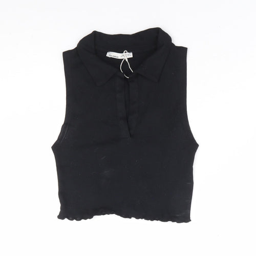Pull & Bear Womens Black 100% Cotton Cropped Tank Size S V-Neck
