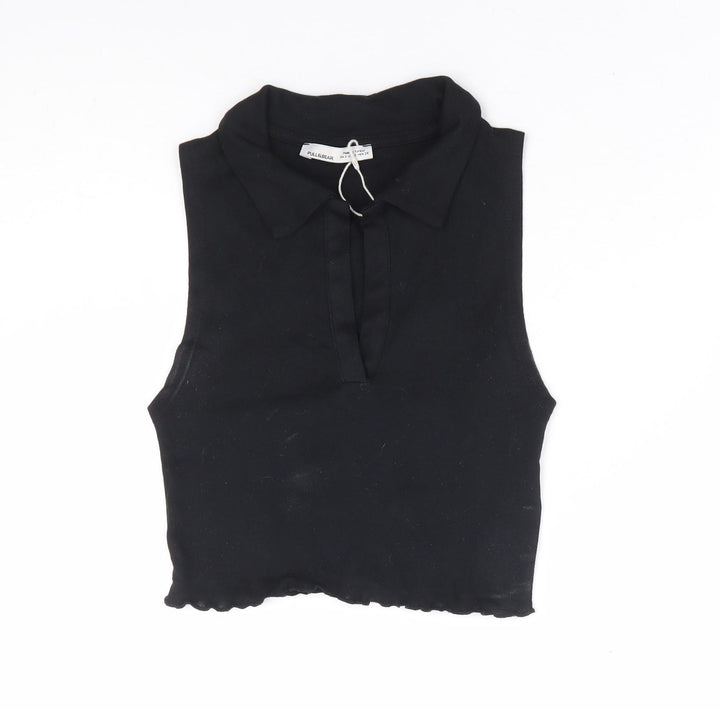 Pull & Bear Womens Black 100% Cotton Cropped Tank Size S V-Neck