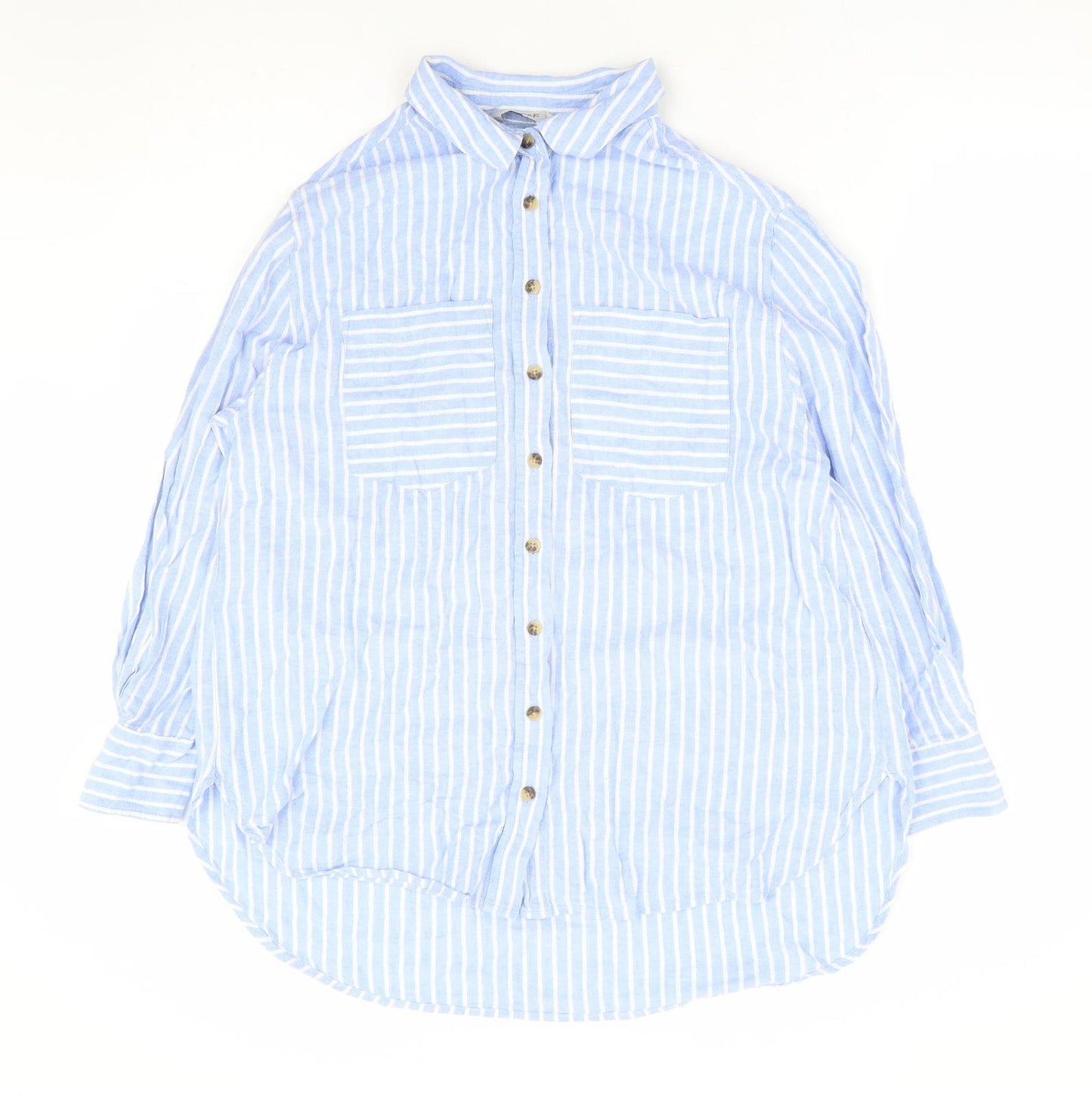 F&F Womens Blue Striped Linen Basic Button-Up Size 6 Collared