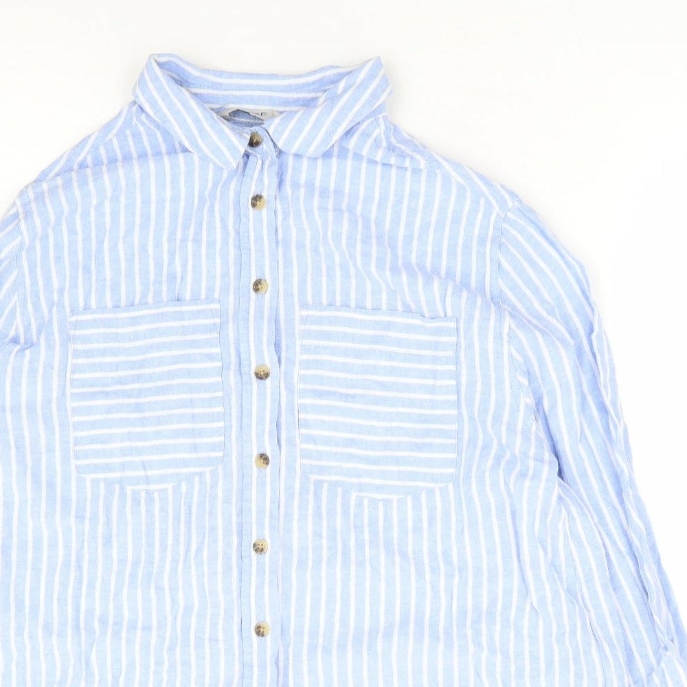 F&F Womens Blue Striped Linen Basic Button-Up Size 6 Collared