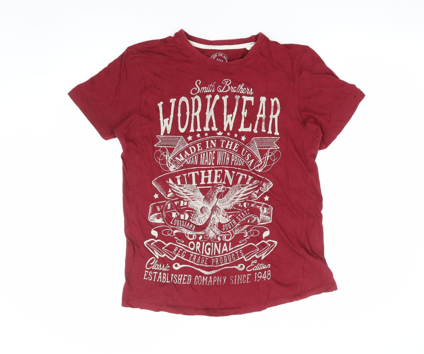 Peacocks Mens Red Cotton T-Shirt Size M Round Neck - Made in the USA