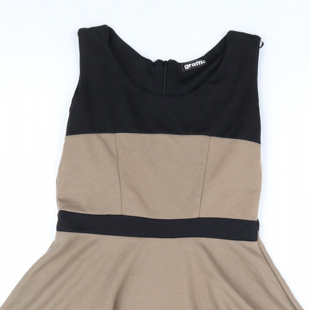 Graffic Womens Brown Polyester Skater Dress Size S Round Neck Zip
