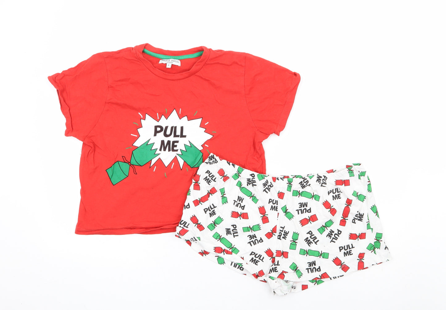 Brave Soul Womens Red Geometric 100% Cotton Top Pyjama Set Size S - Cropped Christmas Cracker