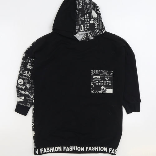 Fashion Boys Black Geometric Polyester Pullover Hoodie Size 9-10 Years Pullover - Slogan