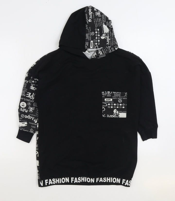 Fashion Boys Black Geometric Polyester Pullover Hoodie Size 9-10 Years Pullover - Slogan