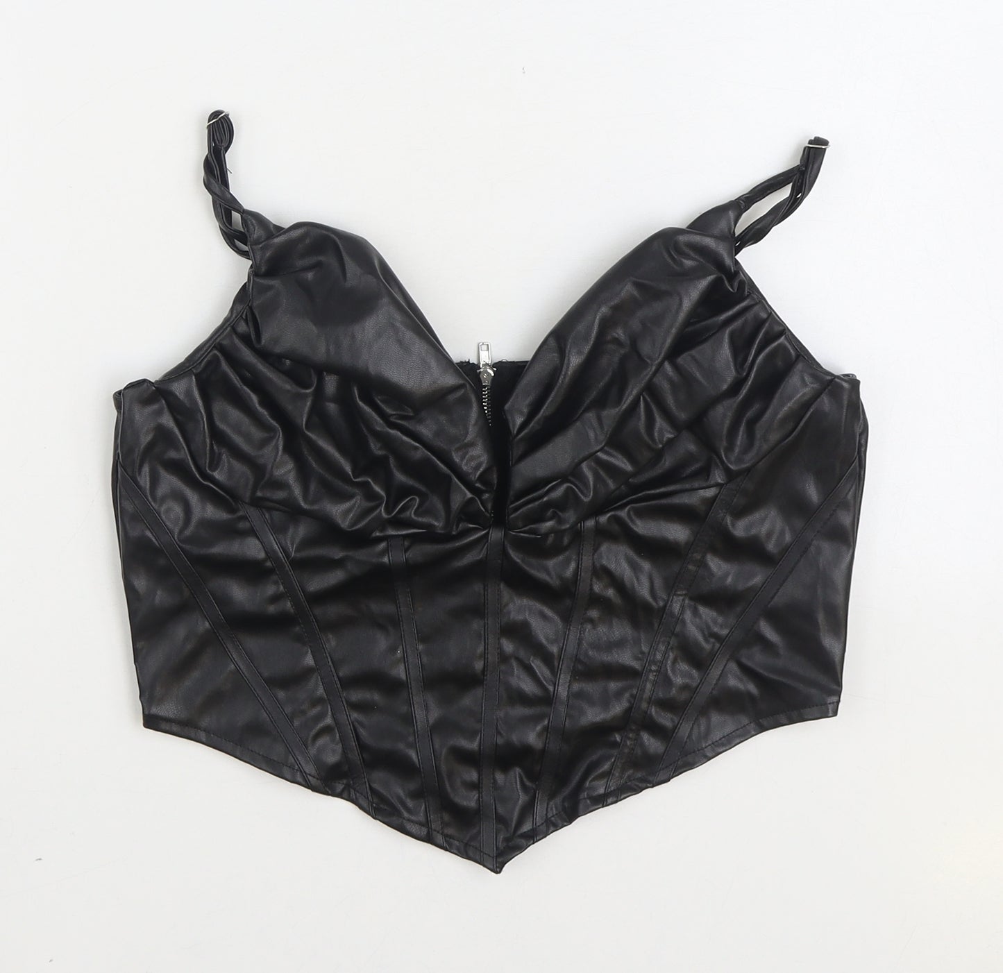 PRETTYLITTLETHING Girls Black Polyurethane Cropped Tank Size 12 Years V-Neck Zip - Faux Leather