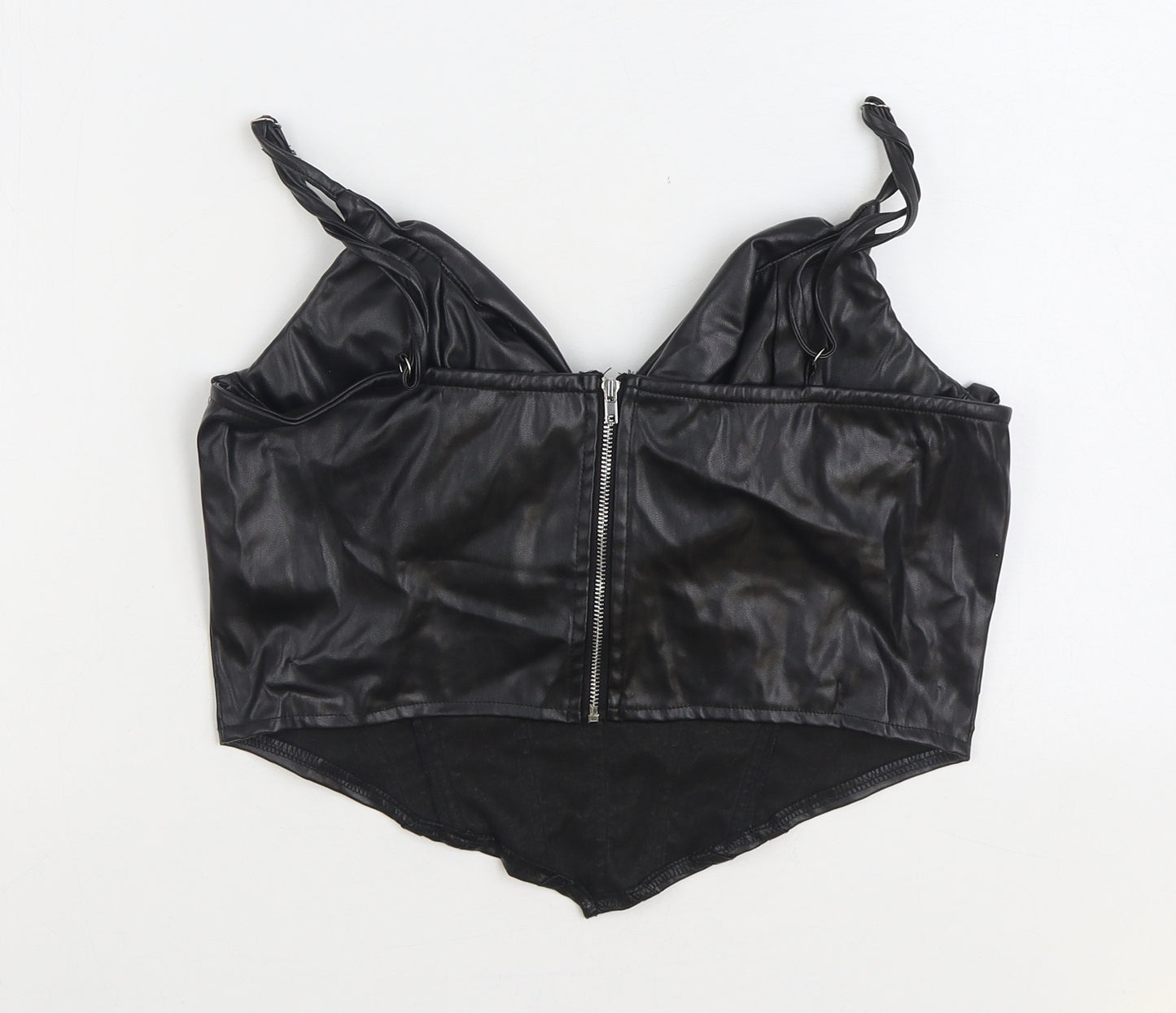 PRETTYLITTLETHING Girls Black Polyurethane Cropped Tank Size 12 Years V-Neck Zip - Faux Leather