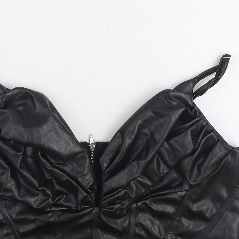 PRETTYLITTLETHING Girls Black Polyurethane Cropped Tank Size 12 Years V-Neck Zip - Faux Leather