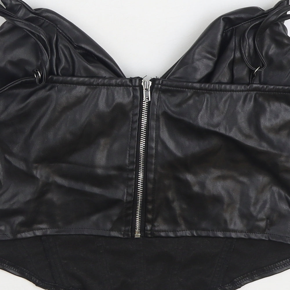 PRETTYLITTLETHING Girls Black Polyurethane Cropped Tank Size 12 Years V-Neck Zip - Faux Leather