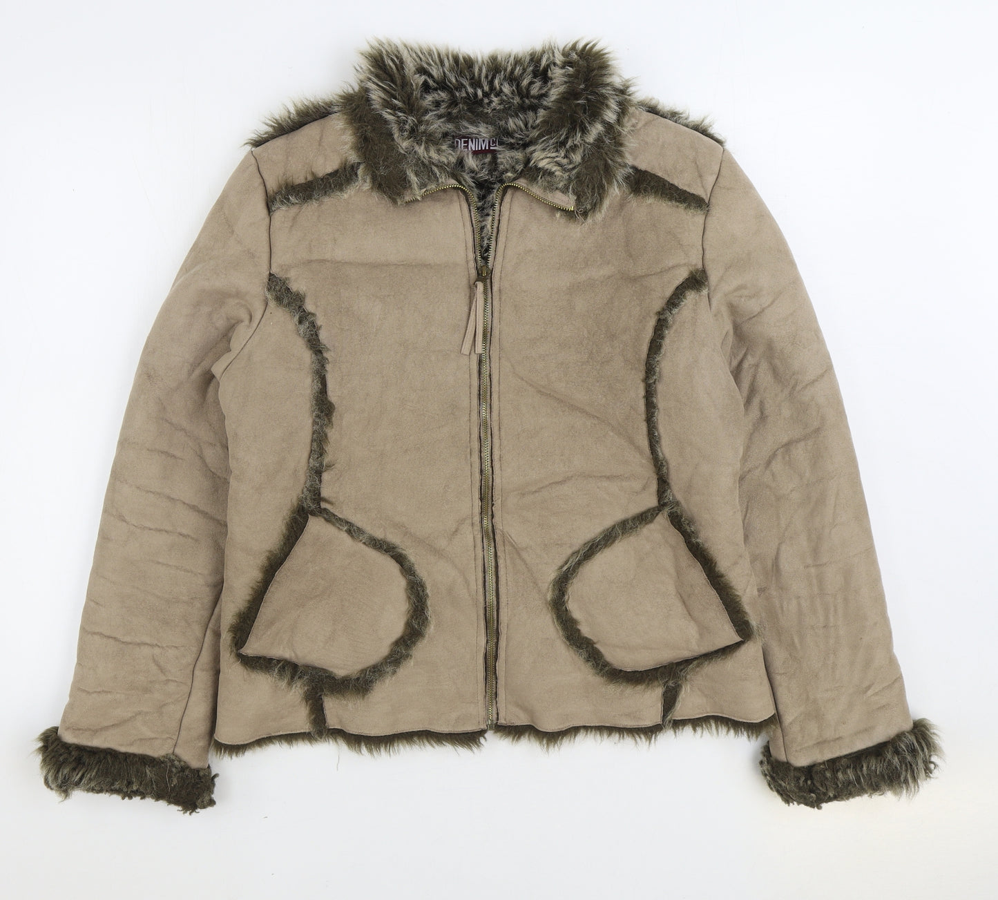 Denim & Co. Womens Beige Jacket Size 14 Zip - Faux Fur